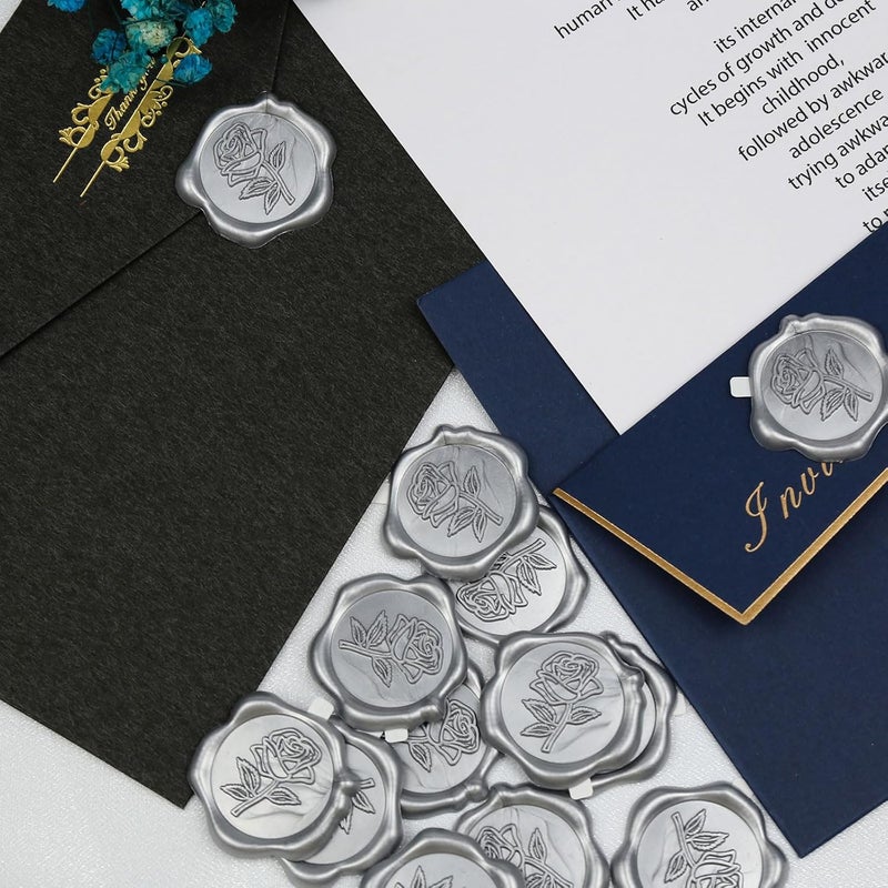 Pilloze 50 Pcs Silvery Wax Seal Stickers - Rose Style, Self Adhesive Wax Seal for Wedding Invitation, Easy Use Good Adhesion, Silvery Rose Envelope Stickers Perfect for Invitation or Seating Chart - Image 3